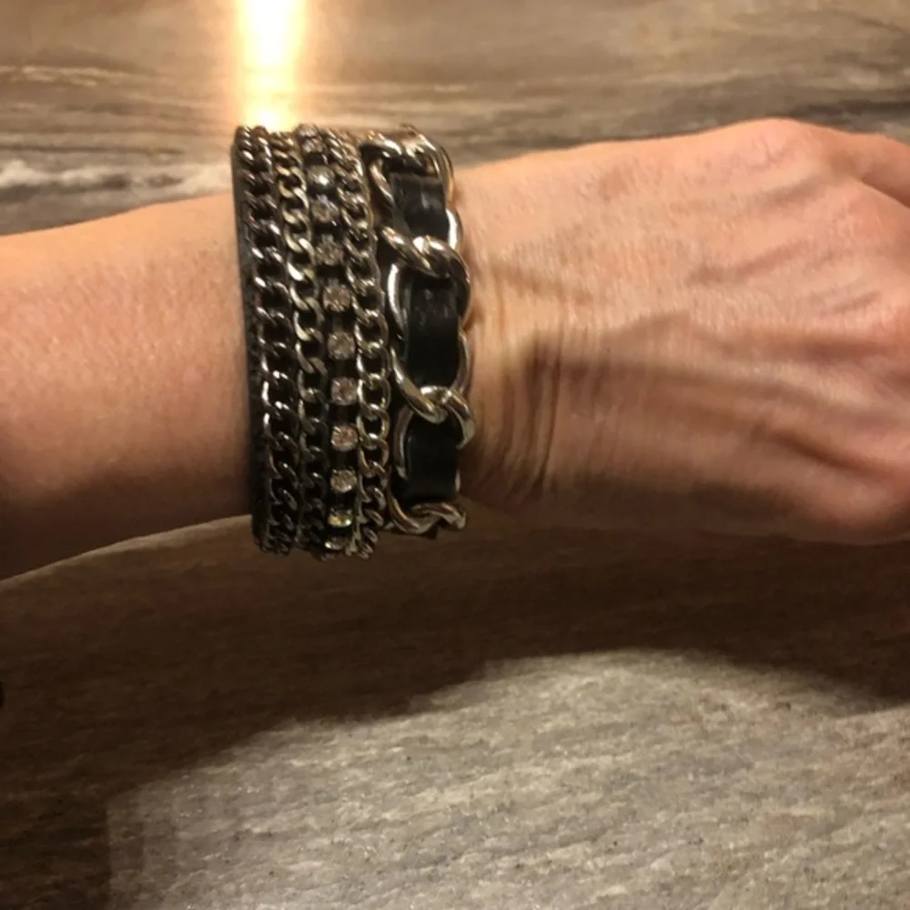 Yik Fung Bracelet Leather Strap Link Chain with Crystal Inserts Leatherpunk